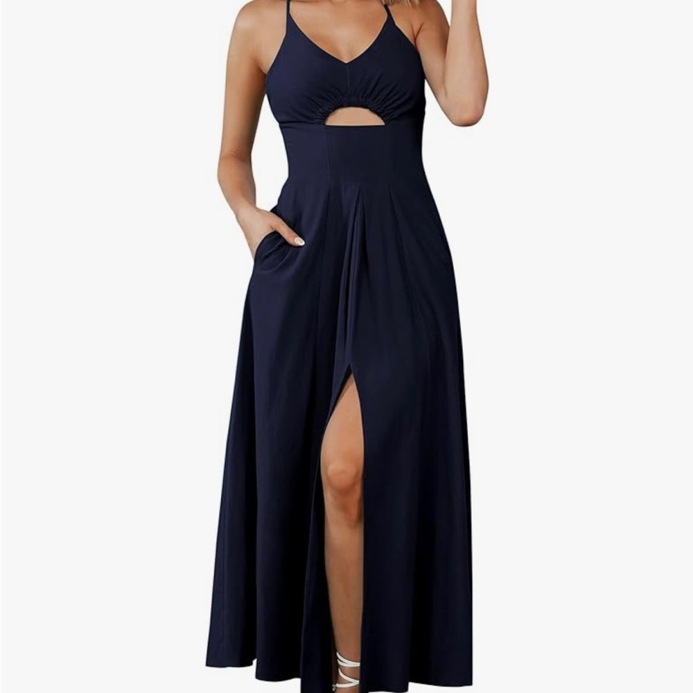 Navy Blue Spaghetti Strap Cutout Midi Dress